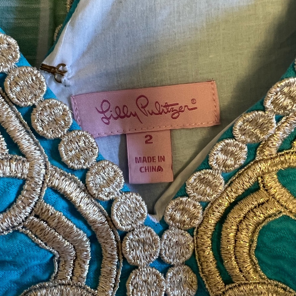 Lilly Pulitzer Turquoise Mini Dress with Gold Embellished V-Neck - Picture 2 of 2